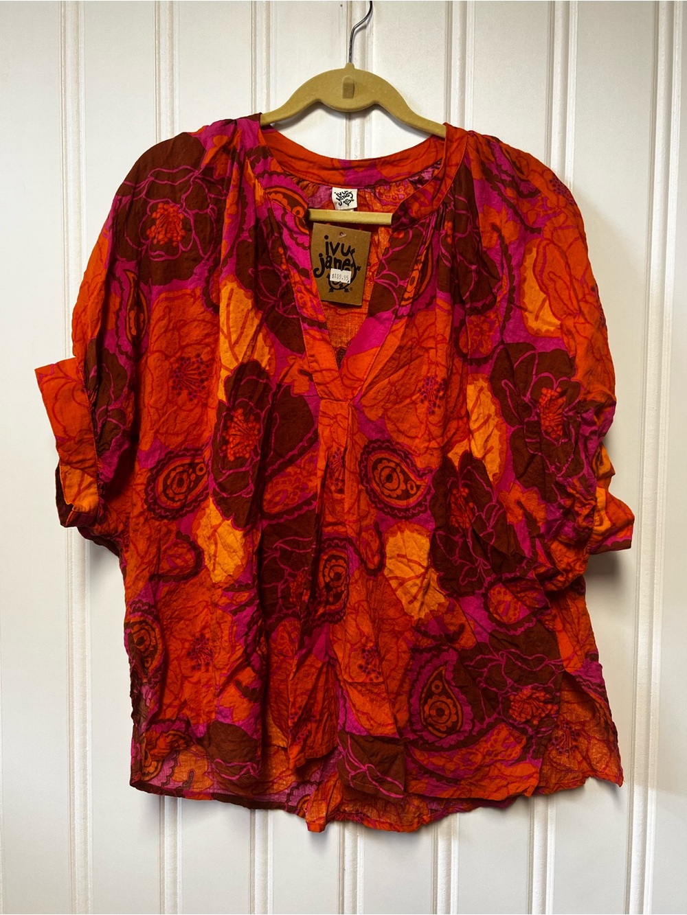 Ivy Jane Women's V-Neck Floral Blouse - Orange & Pink M/L NWT